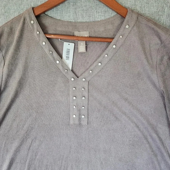 New $64.95 Chico's Top Blouse Size 3 Gray Long Sleeve V-Neck Pullover - Picture 11 of 16